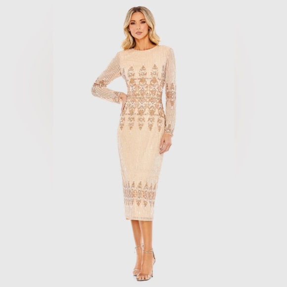 Mac Duggal 5576 Peach Embellished Long Sleeve High Neck Column Dress Size 10 - Picture 1 of 17